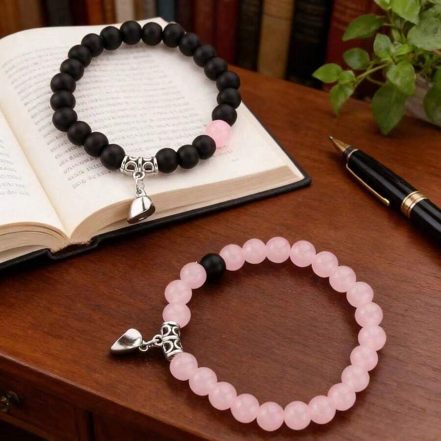 A Set Of 2 Elastic Bracelets With Heart-Shaped Beads, Perfect For Couples Or Girlfriends. Valentine's Day Gift - Hồng - Xem 1