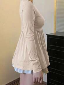 阳光女孩性感V领修身针织长袖上衣，休闲街头风和家居服，夏季和情人节 - 杏色 - 查看 7