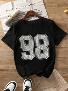 Tween Girl Number "98" Print Crew Neck T-Shirts Spring And Summer Girl's Casual Tee Soft Tops - Black - View 2