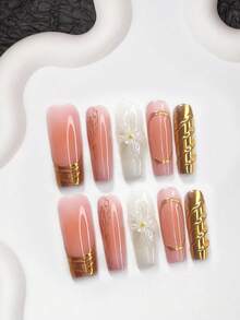 10pcs Luxury Fairy Style Acrylic Nail Art Set, Handcrafted 5-Petal Flower Nail Decals, Gold Halo Design, Solid Color Nail Foils, Gold Nail Polish, Includes Nail Tools (1 Jelly Sticker + 1 Nail File), 3 Sizes Available: Almond, Duck Mouth, Coffin, Suitable For Daily, Party, Spring/Summer, Photography, Travel, Excellent Gift For Women & Girls Handmade Press On Nails - 彩色 - 查看 4