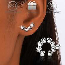 1 par de pendientes de botón de plata de ley 925 con diseño vintage y lindo de huella de pata, adecuados para uso diario casual, playa de verano, fiesta, vacaciones, regalo de cumpleaños para mujeres - Plata antigua - Ver 2