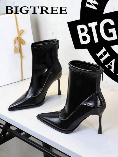 European & American Style Pointed Toe Sexy Stiletto Heel Patchwork Slim Fit Zipper Back High Heel Ankle Boots For Women