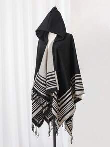 1pc Geometric Floral Jacquard Casual Minimalist Hooded Poncho, Everyday Wear - Multicolor - View 8