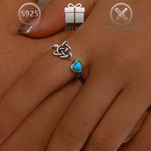 1pc 925 Sterling Silver Vintage Style Synthetic Turquoise Inlaid Asymmetric Celtic Knot Heart Design Open Ring, Suitable For Daily, Vacation Wear, Valentine's Day Gift - Antique Silver - View 5