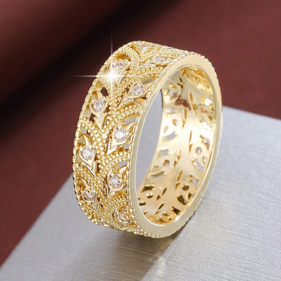 1pc Hollow Leaf Shaped Design Cubic Zirconia Inlaid Women Fashion Ring - Multicolor - View 1