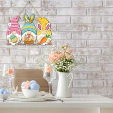 1pc 2D Flat Wooden Easter Hanging Sign, Farmhouse Rabbit & Gnome Welcome Plaque, Front Door Decor - A - View 4