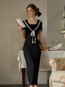 Simple Retro Women's Spring And Summer Models Navy Collar Front Middle Tie Knot Black And White Collision Romantic Elegant Retro Temperament Slim Short-Sleeved MIDI Dresses - Black - View 4