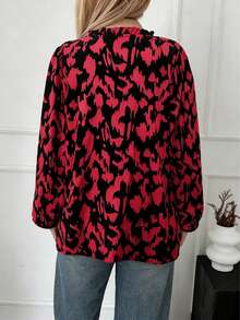 Women's V-Neck Leopard Print Tie-Up Puff Sleeve Casual Shirt Vacation Spring - Red - View 4