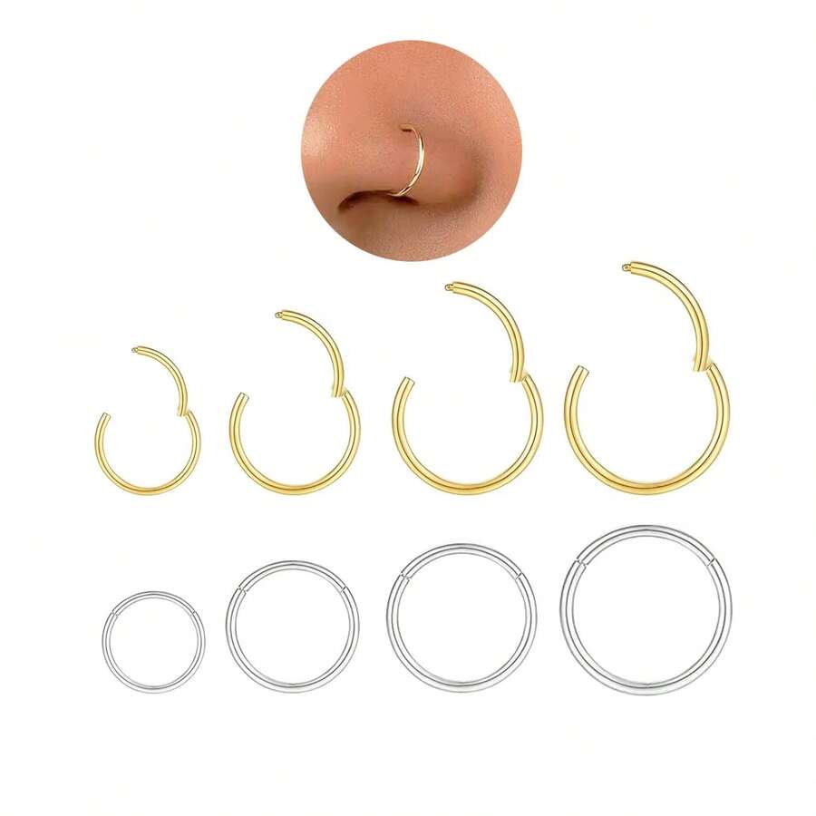 金鼻环 - 超细18号（6mm/8mm/10mm/12mm）鼻环 - 女士小巧18K镀金鼻部穿孔饰品 - 手工鼻环 - 可直接作为礼物赠送，适用于鼻孔、鼻中隔、耳软骨、耳廓、耳屏、耳廓、唇部、耳垂等部位的穿孔，316L不锈钢铰链式无缝耳环 - 彩色 - 查看 1