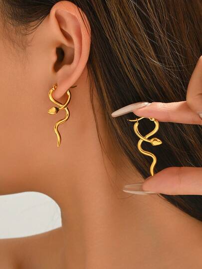 1 par de pendientes de acero inoxidable vintage con diseño de serpiente lisa, pendientes minimalistas de moda exagerados adecuados para mujeres, apropiados para festivales, citas, regalos y ocasiones casuales