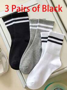 1/3/6 双装 黑/白/灰纯色双条纹男女通用中筒袜，休闲户外活动袜，男女通用加厚冬季长袜 - 黑與白 - 查看 13