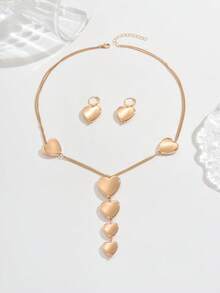 2pcs/Set Fashionable Metallic Geometric Heart Shaped Hammered Texture Graduated Size Exaggerated Extra Long Pendant Necklace & Earrings Set, Personalized Jewelry Set, Snake Bone Chain Y-Necklace, Pendant Necklace, Holiday Party Jewelry Set, Formal Dress Accessory Set, Valentine's Day Jewelry Set - Yellow Gold - View 3