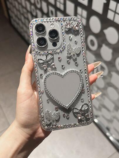 Funda transparente para teléfono con borde brillante de lujo, con corazón rosa Y2K, purpurina, cristales, mariposa y lazo plateado, compatible con Samsung Galaxy S23 S24 S25 Ultra, A06, A13, A14, A52, A53, A55, A17, A34 y 15, 12, 13, 14, 16 Plus, 17 Pro Max