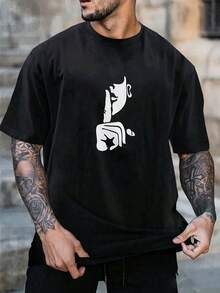Camiseta negra de manga corta con estampado de manos y rostros blancos para uso informal - Negro - Ver 2
