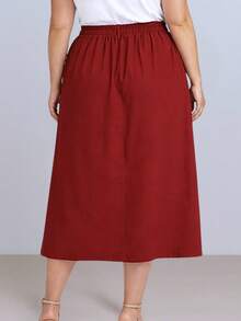 Women's Plus Size Midi Skirt With Front Slit, High Waist, Tailored, Sensual Style, Marrante - Màu Đỏ Sâu - Xem 3
