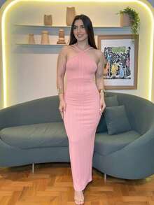 Talia Ribbed Premium Dress With Adjustable Straps, Elegant - Rosa Pálido - Ver 1