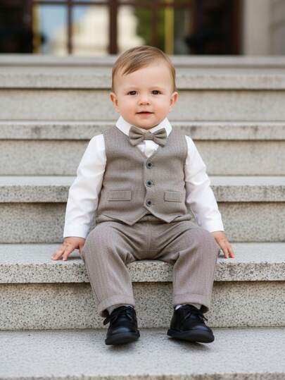 BOARNSEORL 3pcs Baby Boys Gentleman Outfit Set - White Long Sleeve Shirt With Bowknot, Vest And Pants, Stylish & Outfit For Baby's 1st Month Birthday Party, Wedding, Formal Occasions