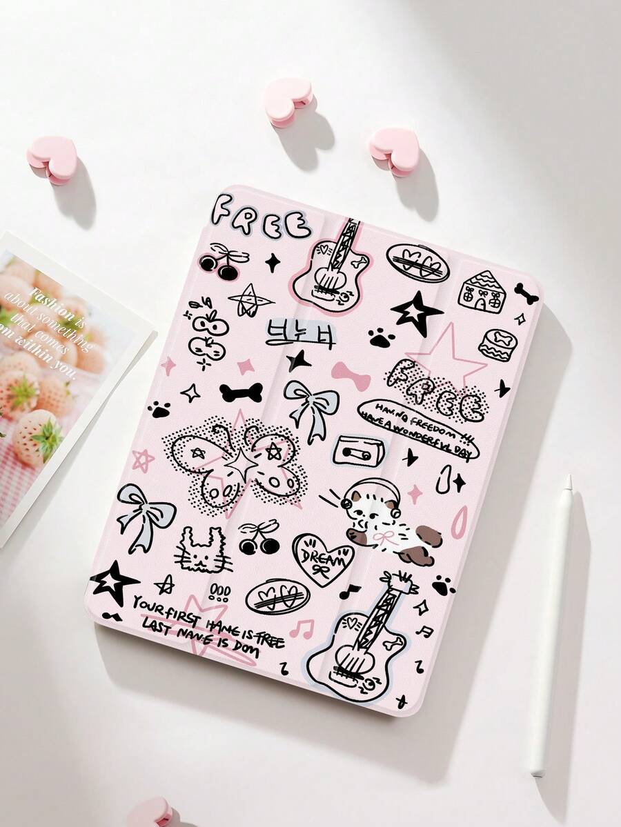 1个线条艺术猫咪与吉他音符图案平板电脑保护套，带三折支架，兼容iPad 10.2/12.9英寸、iPad Pro 11英寸（2021/2020/第十代）、iPad（A16）11英寸（2025）、Galaxy Tab A8 10.5英寸（2022）、Matepad 10.4/Tab，带笔槽，防摔，保护您心爱的设备，浪漫情人节礼物