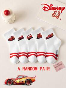 Disney 5双装儿童提花中筒袜，汽车图案，运动黑白双条纹，可爱独特的卡通设计，时尚休闲舒适透气，红色双条纹学生袜，适合日常穿着、返校和节日礼物，袜子 - 彩色 - 查看 14
