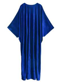 大码女式V领蝙蝠袖腰部刺绣褶皱雪纺沙滩长裙泳衣罩衫薄纱雪纺度假泳池派对夏季泳装 - 藍色 - 查看 7