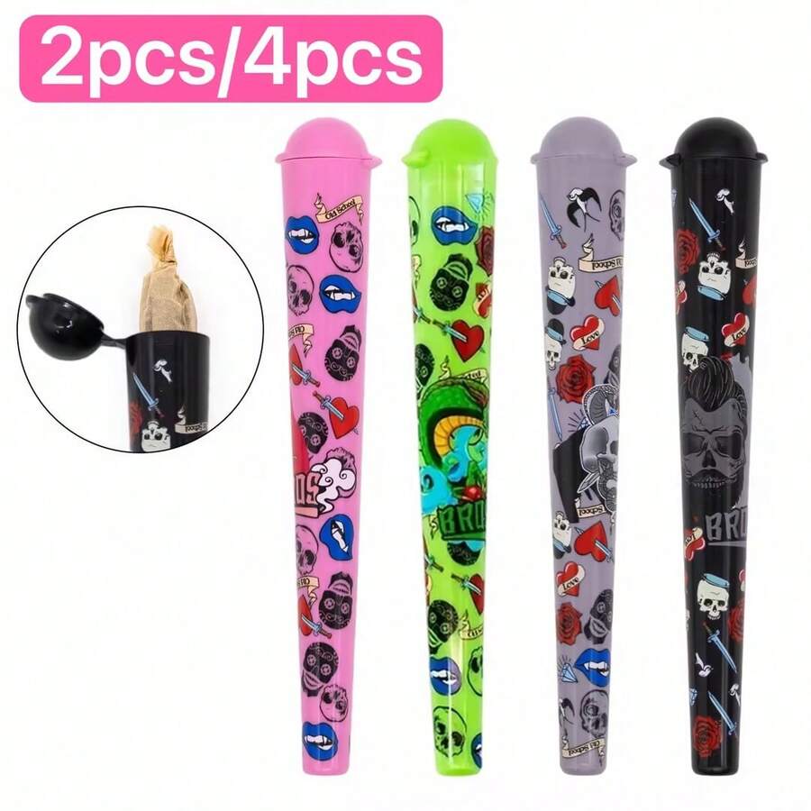 2pcs/4pcs Pre-Rolled Paper Dispenser, Flip-Top Cone-Shaped Waterproof Storage Tube, Unique Pattern, Suitable For Parties, 4 Color Options, Waterproof And Portable, Fits 110mm Pre-Rolled Cones, Smoking Accessories, Valentine's Day Gift - Multicolor - View 1