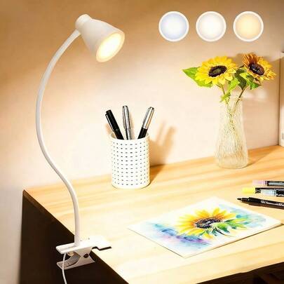 360°可调节LED夹式台灯，USB供电桌面阅读灯 - 3种色温，可调节灯臂，灵活颈部设计，适用于家庭办公室、床头、手工制作、视频通话等场合，现代可调光LED台灯