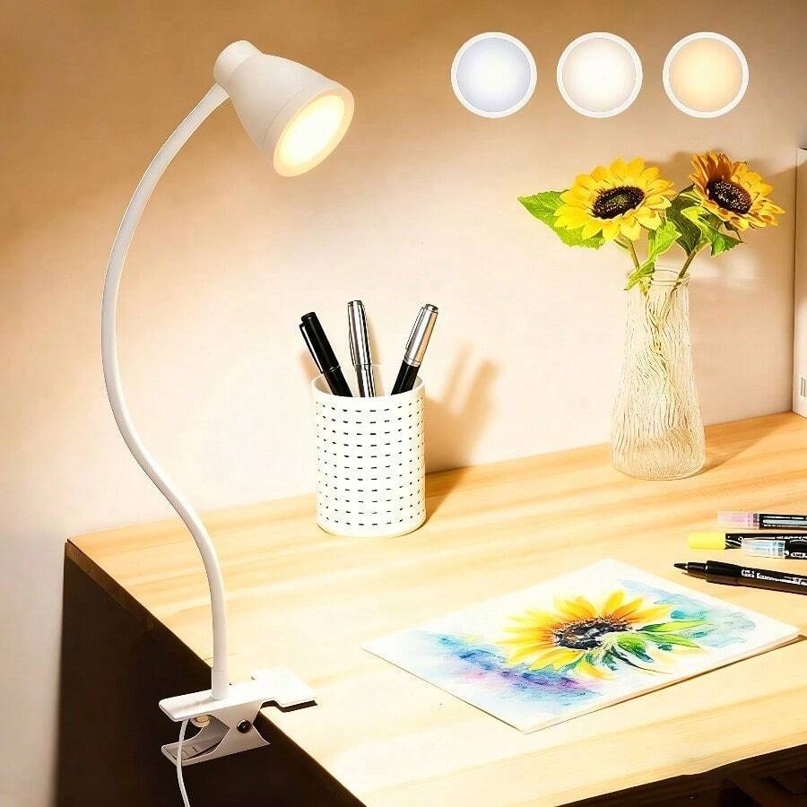 360°可调节LED夹式台灯，USB供电桌面阅读灯 - 3种色温，可调节灯臂，灵活颈部设计，适用于家庭办公室、床头、手工制作、视频通话等场合，现代可调光LED台灯 - 喇叭夾子燈 - 查看 1