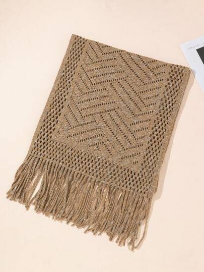 1pc Women's Autumn/Winter Knitted Solid Color Wavy Hollow-Out Tassel Fashion Warm Shawl Scarf