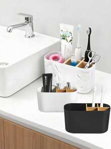 5-Slot White Marble Color Bathroom Toothbrush Holder, Electric Toothbrush & Toothpaste Rack For Vanity, Shower Area And Dressing Table. Matte Black Bathroom Toothbrush Holder, Electric Toothbrush Rack With Bamboo Divider. Children's Toothbrush And Toothpaste Storage Box, Suitable For Bathroom Countertop Accessories - White Imitation Toothbrush Holder/comb Holder - View 4