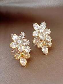 一对独特的立方氧化锆花朵设计优雅铜质吊坠耳环，适合派对、婚礼和其他场合佩戴。 - 金黃色 - 查看 5