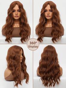 clouder Gothic Punk Brown Long Wavy Curl Wig 26-Inch Center-Parted Bangs Heat-Resistant Synthetic Fiber Wig Women's Soft And Fluffy Curls Suitable For Daily Cosplay, Street Style, Holiday Parties, Music Festivals, Y2K Aesthetic, Avant-Garde College Style, Modern Fashion Punk Looks - 棕色 - 查看 5