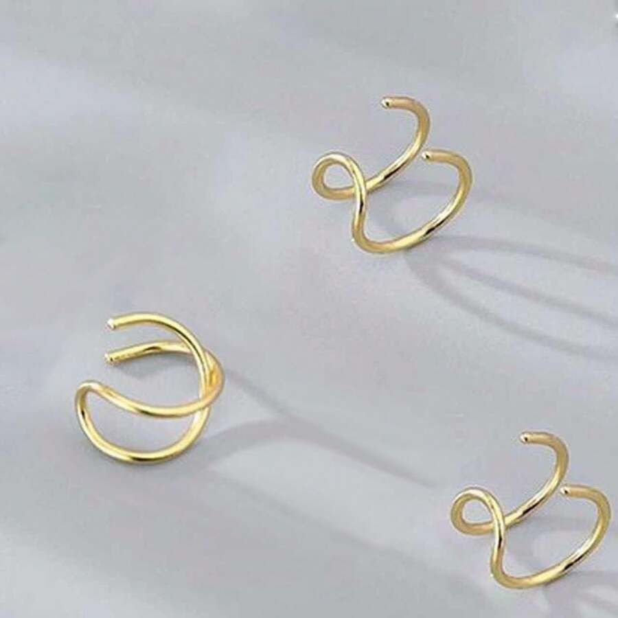 3件套简约个性双层耳环，无需耳洞，线条设计，情侣耳环，珠宝配饰 - 耳夾組合 - 查看 1