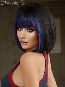 7JHH WIGS 12英寸女士黑色短直发假发，带蓝色刘海，全机织耐热合成纤维，适合日常、派对、音乐节、庆典和角色扮演。 - 藍色 - 查看 6