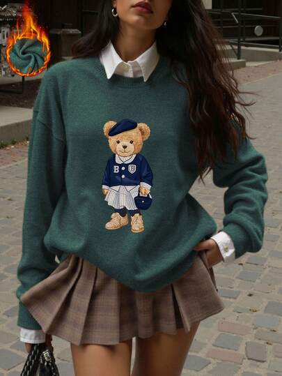 Cute Teddy Bear Print Casual Fashion Faux Wool Sweater For Women, Comfortable Warm Round Neck, Suitable For Autumn/Winter, Outdoor, Valentine's Day, St. Patrick's Day, Carnival, Back To School, Collegiate Style