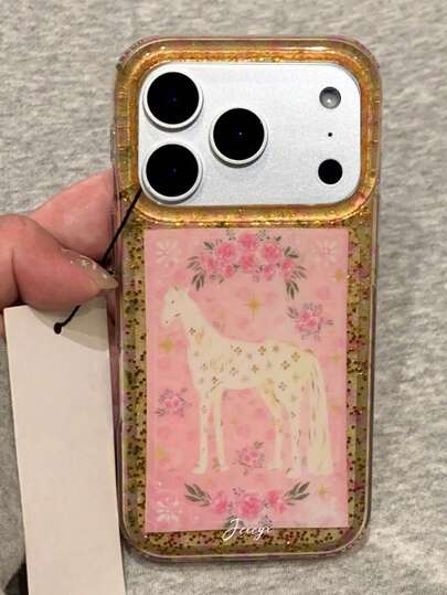 新款时尚浪漫花卉骏马手机壳，兼容 17 Pro Max 16 15 Pro Max 14 12 13 Pro Max 14 15 16 Plus 11，闪亮金色亮片，美观时尚，防震边框后盖，女士/女孩礼物