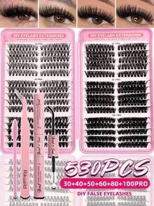 530片假睫毛套装，D卷度，30D+40D+50D+60D+80D+100D专业款式，包含睫毛胶、定型液、镊子和刷子，蓬松柔软，适合日常、婚礼、旅行、音乐节、圣诞节等各种场合。 - 彩色 - 查看 2