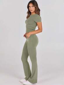 Lounge Sets For Women 2 Piece Foldover Yoga Flare Leggings Pants Crop Tops Casual Y2K Outfits Matching Tracksuit Set/Vacation Outfits Women - 橄欖 - 查看 2