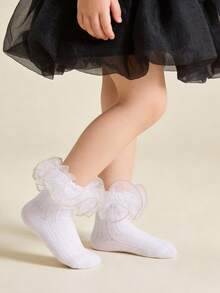 1 Pair Girls' Solid Color Cotton Thin Mesh Ankle Socks, School Style, Suitable For Spring/Summer, Princess Lace Trim - White - View 7