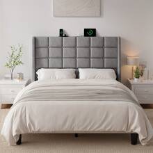 Grey Headboard For Full / Queen Size Bed Frame, Linen Fabric Ergonomic Upholstered Linen Headboards Only, Tufted Button Wingback Wood Bed Head Board  With Storage, Modern Head Boards For Bedroom, Dorm - Xem 3