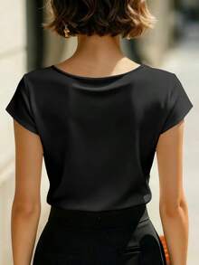 Blusa asimétrica de unicolor elegante para mujer, esencial para primavera y verano - Negro - Ver 5