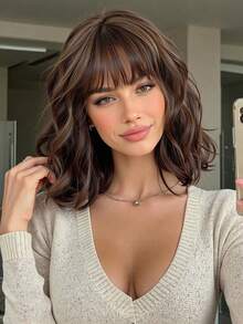 12英寸流行迷人棕色深波浪波波头假发，清新创意假发，耐热合成纤维，配有可调节透气帽，透气性好。 - 棕色 - 查看 2