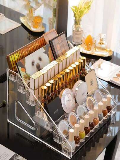 1 قطعة رف منظم للمكياج، صندوق تخزين متعدد الوظائف على طبقات، حامل عرض مستحضرات التجميل البلاستيكية الشفافة 7 طبقات للحمام والغرفة والمنضدة