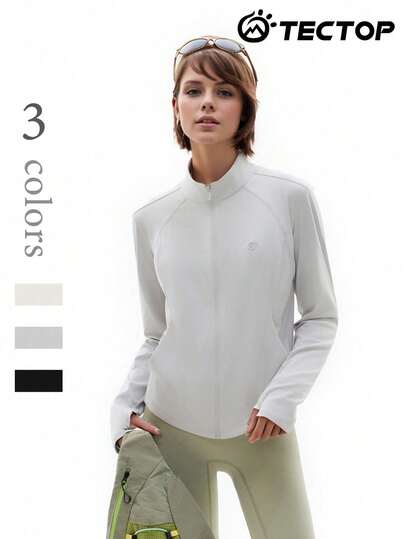 TECTOP Women's Spring/Summer Lightweight Breathable Outdoor Jacket, Zipper Stand Collar, Thumb Holes, Pockets, Suitable For Hiking, Camping, Cooling Protection