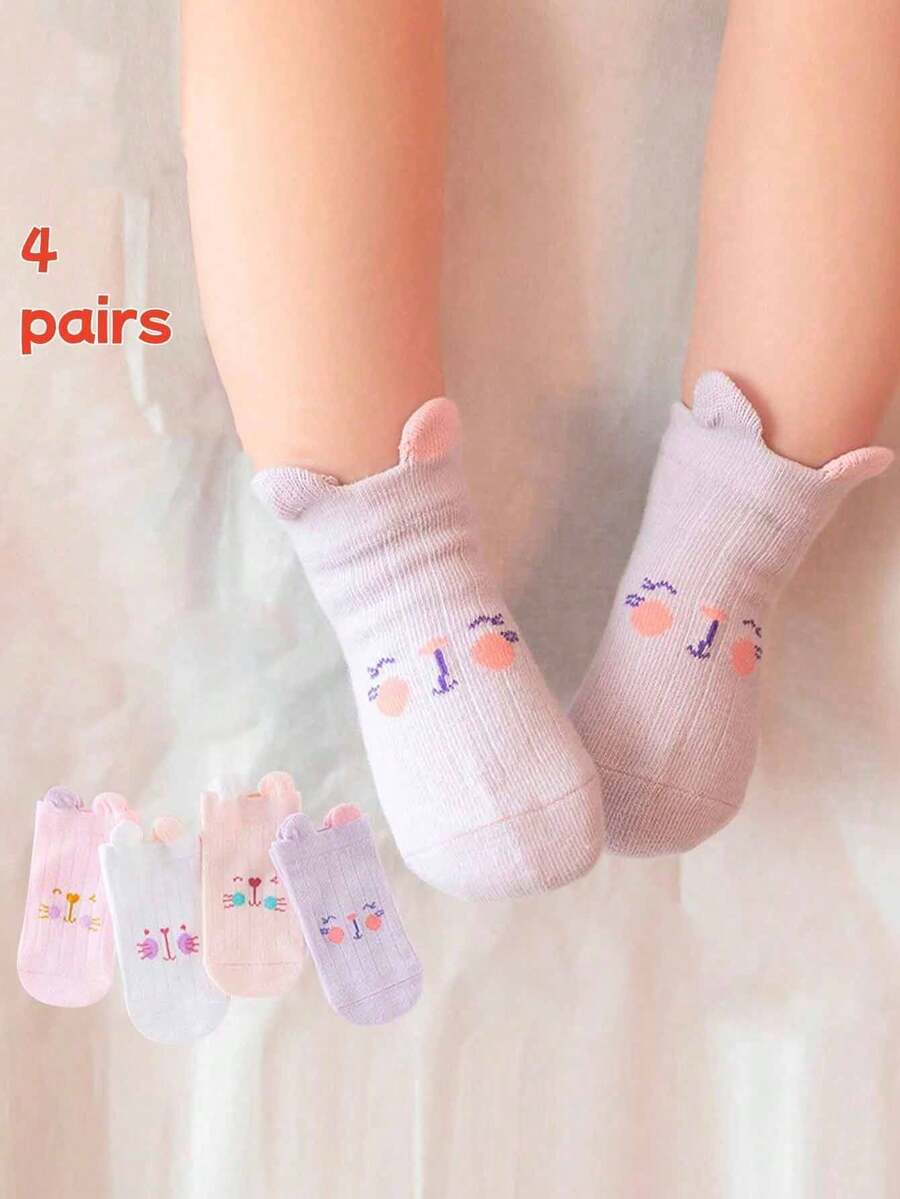 4 Pairs Baby/Newborn Cute Cat Design Socks With Adorable Animal Face And Ear Decor, Great For Outings - Multicolor - View 1