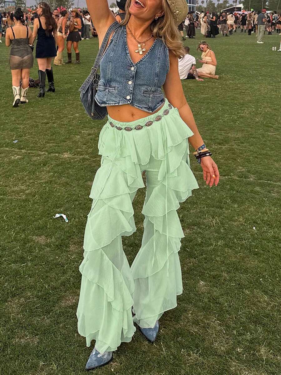 Outdoor Fashionable Tie-Up Ruffle Hem Flared Pants, Spring/Summer Vacation - Green - View 1