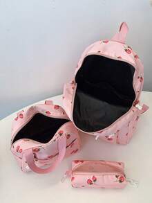 3pcs Strawberry Print Backpack Set, Including Backpack, Lunch Bag And Pencil Case, With Laptop Compartment, Adjustable Straps And Multiple Pockets, High Capacity Student Backpack, Multipurpose Daily Bag, Suitable For Girls/College Students/Graduates For Daily Use/Vacation/Travel/Back To School - Multicolor - View 5