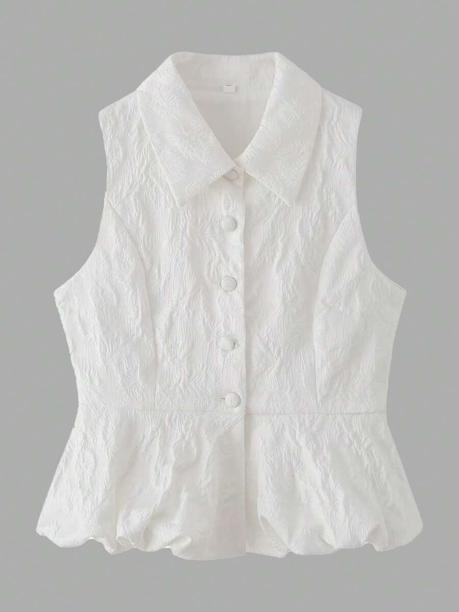 Blusa sin mangas de unicolor con estampado jacquard y cuello, blanco para primavera/verano - Blanco - Ver 1