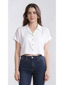 Women's Cropped Shirt In Viscose Linen With Front Buttons - 白色 - 查看 3