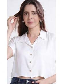 Women's Cropped Shirt In Viscose Linen With Front Buttons - 白色 - 查看 1