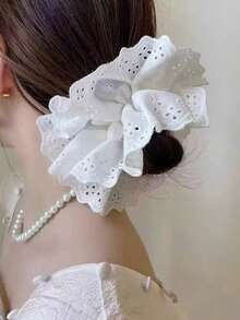 Elegant Lace Embroidered Scrunchies, Double-Layer Hair Ties, Ponytail Holder, Hair Scrunchies, Hair Accessories, Solid Color, Polyester, Suitable For All Seasons ,Scrunchy Hair Ties Makeup Home Gym Woman Accessories Head Accessories Elastic Band Hair Rubber Bands - Black - View 8